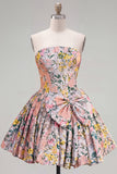 A-Line grijs korset bloemen strapless Jacquard Homecoming jurk met strik