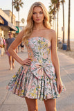 A-Line grijs korset bloemen strapless Jacquard Homecoming jurk met strik