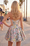 A-Line grijs korset bloemen strapless Jacquard Homecoming jurk met strik