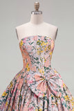 A-Line grijs korset bloemen strapless Jacquard Homecoming jurk met strik