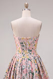 A-Line grijs korset bloemen strapless Jacquard Homecoming jurk met strik