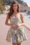 Strapless A-lijn grijs bloemen Jacquard korte homecomingjurk met strik