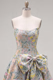 Strapless A-lijn grijs bloemen Jacquard korte homecomingjurk met strik