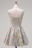 Grijze vierkante hals A-lijn bloemenkorset Jacquard Homecoming Jurk
