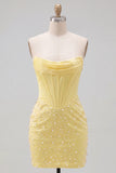 Strapless gele korset, parel bodycon homecomingjurk