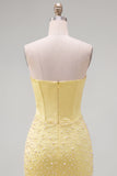 Strapless gele korset, parel bodycon homecomingjurk