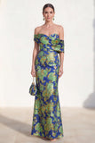 Off the Shoulder marineblauwe zeemeermin Jacquard bloemenjurk van de moeder van de bruid
