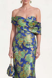 Off the Shoulder marineblauwe zeemeermin Jacquard bloemenjurk van de moeder van de bruid
