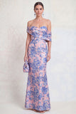 Off the Shoulder marineblauwe zeemeermin Jacquard bloemenjurk van de moeder van de bruid