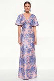 Roze blauwe zeemeermin V-hals Jacquard Bloemenjurk Lange Moeder van de Bruid Jurk