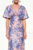 Roze blauwe zeemeermin V-hals Jacquard Bloemenjurk Lange Moeder van de Bruid Jurk