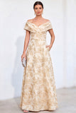 Gouden A-lijn Jacquard Bloemenjurk Lange Moeder van de Bruid Off The Shoulder