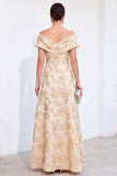 Gouden A-lijn Jacquard Bloemenjurk Lange Moeder van de Bruid Off The Shoulder