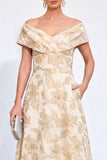 Gouden A-lijn Jacquard Bloemenjurk Lange Moeder van de Bruid Off The Shoulder