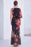 Blauwe Bloem Zeemeermin Chiffon Bateau Hals, Lange Moeder van de Bruid Jurk