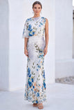 Blauwe Bloem Zeemeermin Chiffon Bateau Hals, Lange Moeder van de Bruid Jurk