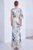 Blauwe Bloem Zeemeermin Chiffon Bateau Hals, Lange Moeder van de Bruid Jurk