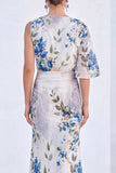 Blauwe Bloem Zeemeermin Chiffon Bateau Hals, Lange Moeder van de Bruid Jurk