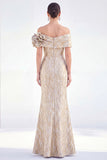 Off-the-shoulder zeemeermin gouden gerimpelde lange moeder van de bruid jurk met 3D-bloemen