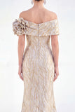 Off-the-shoulder zeemeermin gouden gerimpelde lange moeder van de bruid jurk met 3D-bloemen