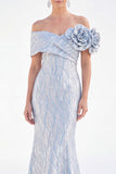 Off-the-shoulder zeemeermin gouden gerimpelde lange moeder van de bruid jurk met 3D-bloemen