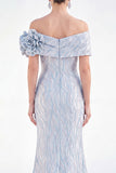 Off-the-shoulder zeemeermin gouden gerimpelde lange moeder van de bruid jurk met 3D-bloemen