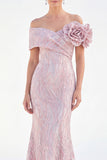 Off-the-shoulder zeemeermin gouden gerimpelde lange moeder van de bruid jurk met 3D-bloemen