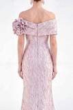 Off-the-shoulder zeemeermin gouden gerimpelde lange moeder van de bruid jurk met 3D-bloemen
