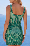 Glinsterende donkergroene vierkante hals bodycon pailletten Homecoming jurk