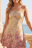Glinsterende A-lijn gouden en roze strapless pailletten Homecoming jurk