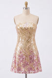 Glinsterende A-lijn gouden en roze strapless pailletten Homecoming jurk