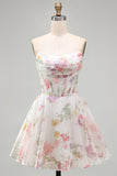 A-lijn strapless ivoor bloemen chiffon gerimpelde korset Homecoming Dress