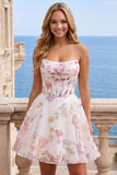 A-lijn strapless ivoor bloemen chiffon gerimpelde korset Homecoming Dress
