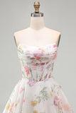 A-lijn strapless ivoor bloemen chiffon gerimpelde korset Homecoming Dress