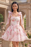 Witte roze bloem A-lijn dikke chiffon homecoming jurk met dikke bandjes