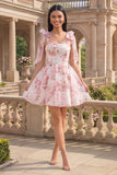 Witte roze bloem A-lijn dikke chiffon homecoming jurk met dikke bandjes