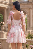 Witte roze bloem A-lijn dikke chiffon homecoming jurk met dikke bandjes