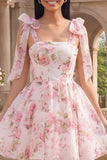 Witte roze bloem A-lijn dikke chiffon homecoming jurk met dikke bandjes