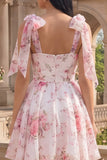Witte roze bloem A-lijn dikke chiffon homecoming jurk met dikke bandjes