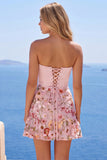 Roze strapless A-lijn korset bloemen homecoming jurk met ruches