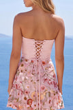 Roze strapless A-lijn korset bloemen homecoming jurk met ruches