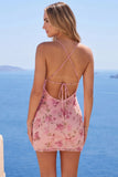 Roze spaghettibandjes Bloemige Bodycon Homecoming Jurk met kralen