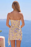 Eenschouder bodycon lichtgele bloemenjurk met homecoming met sjerp