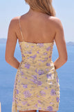 Eenschouder bodycon lichtgele bloemenjurk met homecoming met sjerp