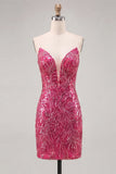 Glinsterende Fuchsia Sweetheart Bodycon pailletten Homecoming jurk met kant op de rug