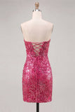 Glinsterende Fuchsia Sweetheart Bodycon pailletten Homecoming jurk met kant op de rug
