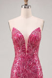 Glinsterende Fuchsia Sweetheart Bodycon pailletten Homecoming jurk met kant op de rug