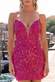 Glinsterende Fuchsia Sweetheart Bodycon pailletten Homecoming jurk met kant op de rug