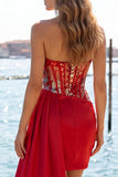 Sweetheart Red Bodycon doorschijnend korset met gerimpelde pailletten Homecoming jurk met sjerp