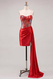 Sweetheart Red Bodycon doorschijnend korset met gerimpelde pailletten Homecoming jurk met sjerp